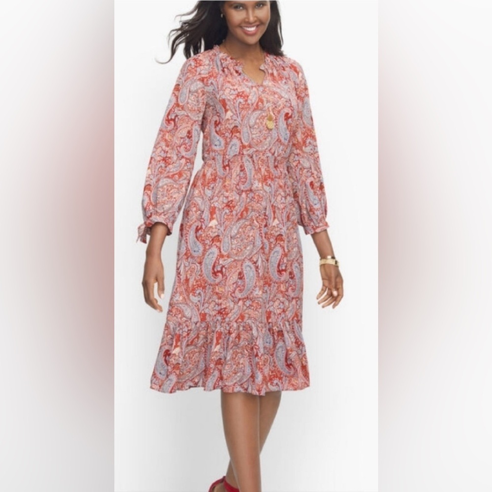 Talbots Red Paisley Midi Dress with Smocked Waist Long Sleeve Split Neck Size XL